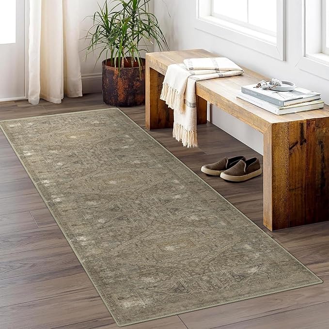 vivorug Runner Rug 2x10 Machine Washable Rug with Non-Slip Backing, Ideal for Kitchen Hallway Entryway Laundry Room - Vintage, Durable, Easy Clean, Low Pile Carpet Runner Olive