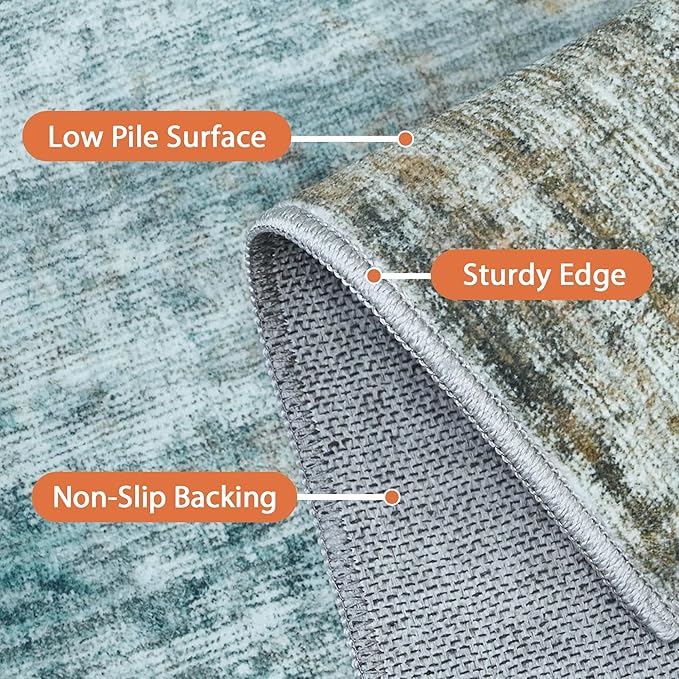 GENIMO Washable Area Rugs for Living Room Bedroom, 5X7 Modern Abstract Non Slip Rug, Low Pile Soft Contemporary Indoor Floor Carpet Cover for Dinning Room Kitchen, Teal/Grey