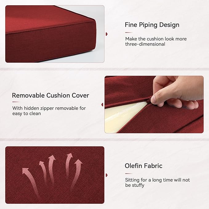 Luxury 6" Outdoor Cushions for Patio Furniture, 24x24x6 Thick Seat Cushion Set of 3, Fade Resistant Couch Chair Replacement Cushions High Density Deep Wicker Chair Cushion w/Removable Cover, Red