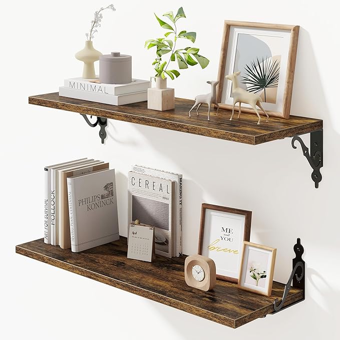 Floating Shelves for Wall, 24"W x 8"D Wall Shelves, 8 Inch Deep Floating Shelf with Bracket, 24 Inch Floating Shelves for Living Room and Bathroom, Display & Storage Shelves, Rustic Brown, Set of 2