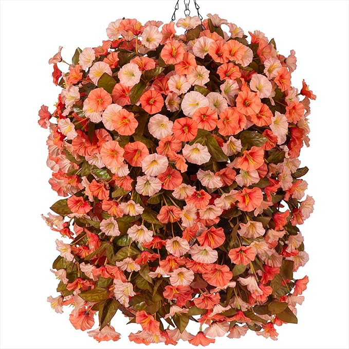 Artificial Fall Hanging Flowers Plants with Baskets for Outdoor Autumn Decoration,Fake Faux Silk Morning Glory Flowers Arrangement Planter for Home Indoor Outside Porch Patio Decor