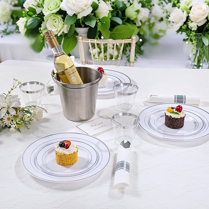 DaYammi 210PCS Silver Plastic Dinnerware Set for 30 Guests, Fancy Disposable Plates for Party, Include: 30 Dinner Plates, 30 Dessert Plates, 30 Pre Rolled Napkins with Silver Silverware, 30 Cups
