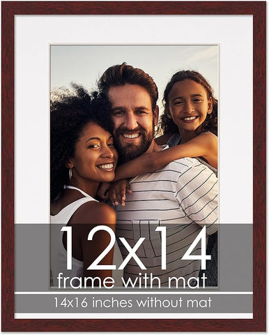 12x14 Frame with Mat - Brown 14x16 Frame Wood Made to Display Print or Poster Measuring 12 x 14 Inches with White Photo Mat