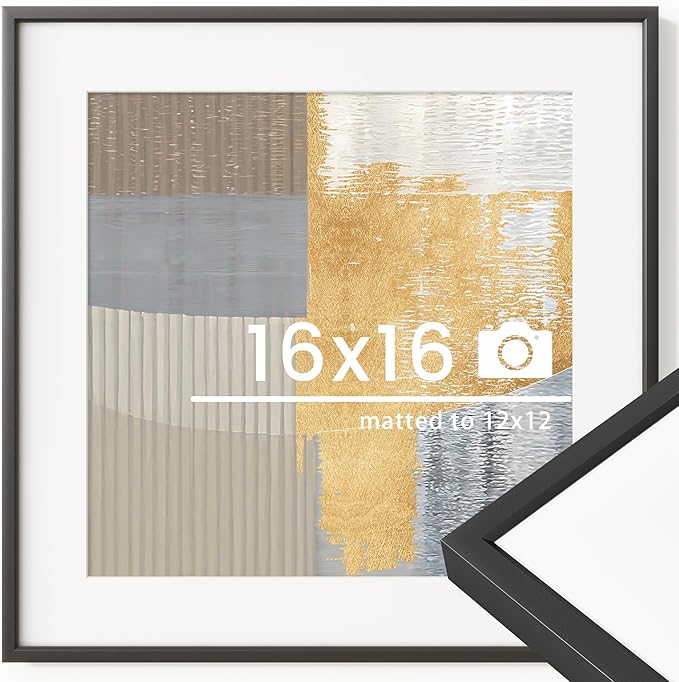 16x16 inch Metal Picture Frame - Thin Aluminum Square Photo Frames with 12x12 Removable Mat - High Definition Plexiglass - Vertical and Horizontal Display - Wall Hook Hanging Hardware Included - Black, Set of 1