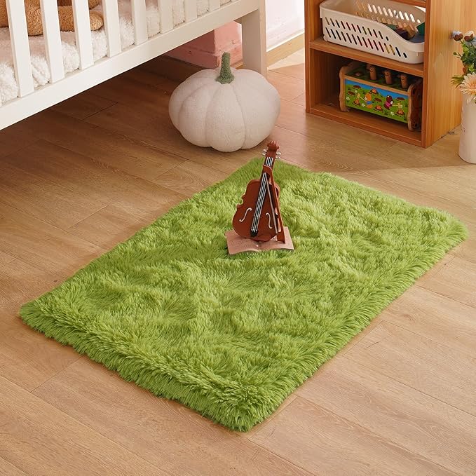 Green Rug for Bedroom, 2x3 Fluffy Area Rugs for Kids Playroom, Furry Carpet for Nursery Room, Shaggy Rug for Teen Living Room, Thick Fuzzy Plush Rug for Dorm, Cute Room Decor for Baby