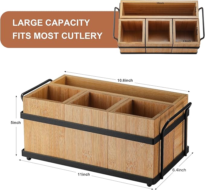 PTSTING Silverware Caddy Wood Holder Paper Plate Dispenser Utensil Caddy Cutlery Flatware Organizer Box for Spoons Forks Plates Napkins