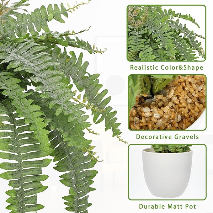 Hollyone Artificial Fern Plants in White Pot 25.5" Medium Artificial Boston Fern 31 Leaves for Outdoors & Indoor Faux Potted Plants Fake Ferns Bush Plant Patio Garden Farmhouse Porch Decor Dusty Green