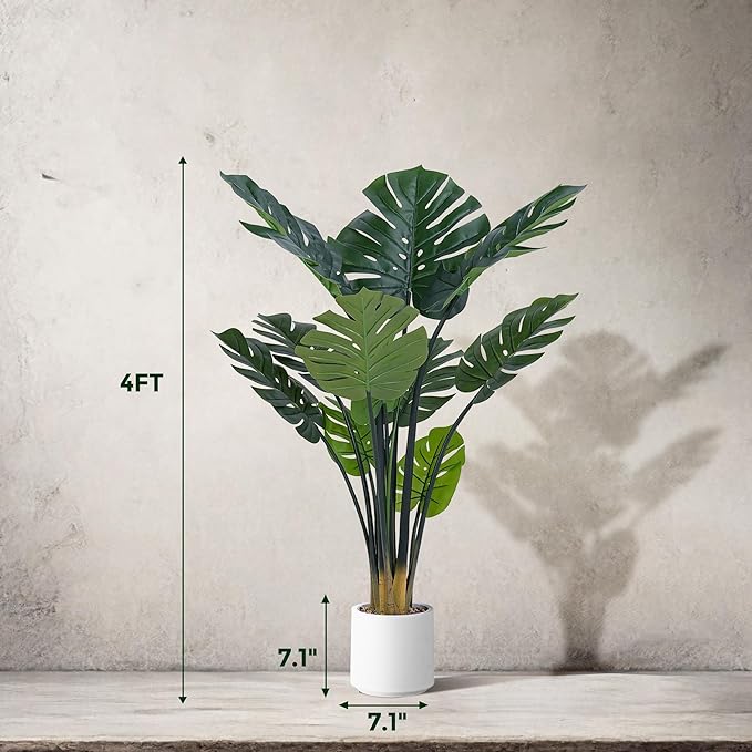 Artificial Monstera Deliciosa Plants, 4FT Faux Monstera Plant with White Planter, Swiss Cheese Plant with Green Leaves Stems, Fake Tropical Silk Tree for Indoor Office House Living Room Home Decor