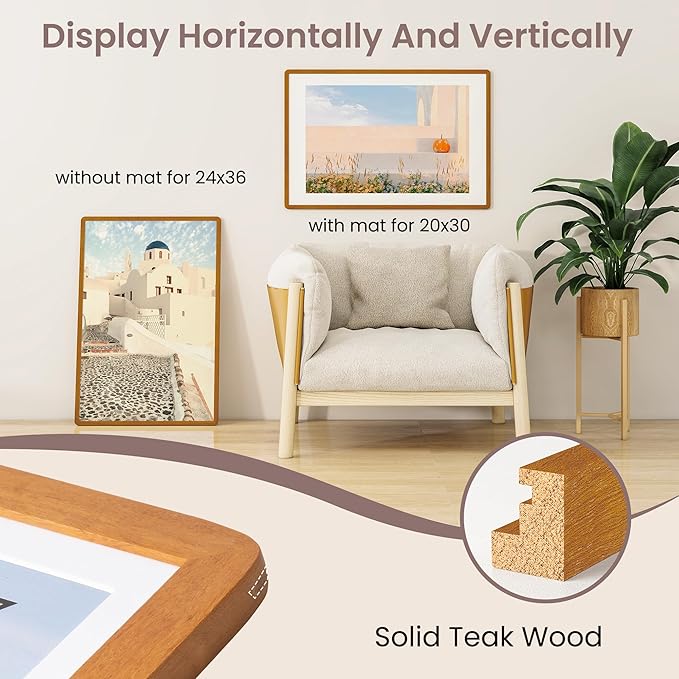 24x36 Poster Frame - Solid Teak Wood 24 x 36 Picture Frame, 24''x36'' Frame With Mat For 20x30, Tempered Glass and Hanging Hardware Included, 36 By 24 Photo Frame Wood, Natural Teak