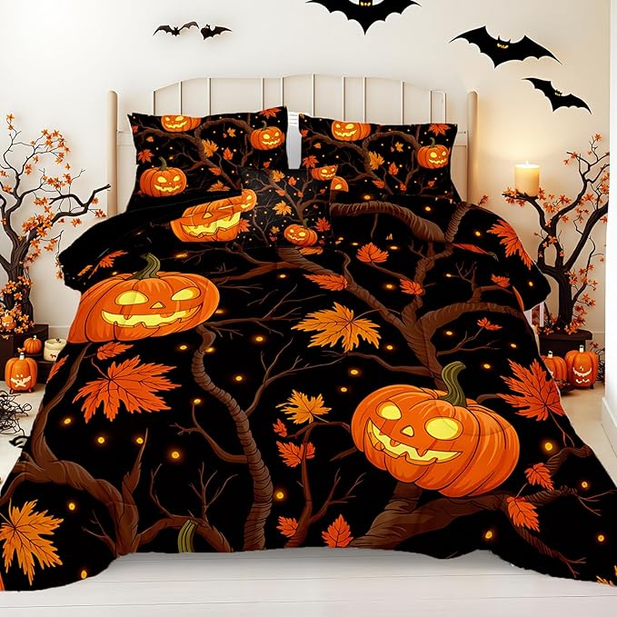 Black Pumpkin Bedding Happy Halloween Comforter Set Orange Pumpkin Lantern Spooky Ghost Festival Theme Black Halloween Bedding Set Queen Size