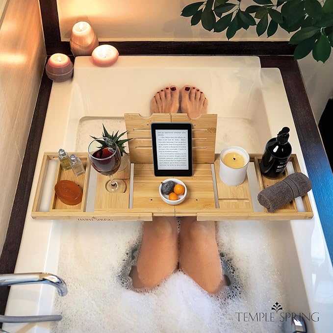 Temple Spring Foldable Bathtub Tray, Unique Design Selfcare Bathroom Caddy, Bamboo Spa Bathroom Tray, Wooden Bathtub Accessories, Wedding Gift/Birthday Gift/New Home Bath Table – Natural