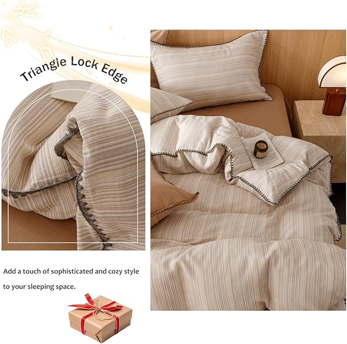 VM VOUGEMARKET Linen Duvet Cover King Striped Pattern Yarn Dyed Muslin Cotton Duvet Cover with Embroidered Edge Super Soft Cozy Bedding Set for Men Women,King Size