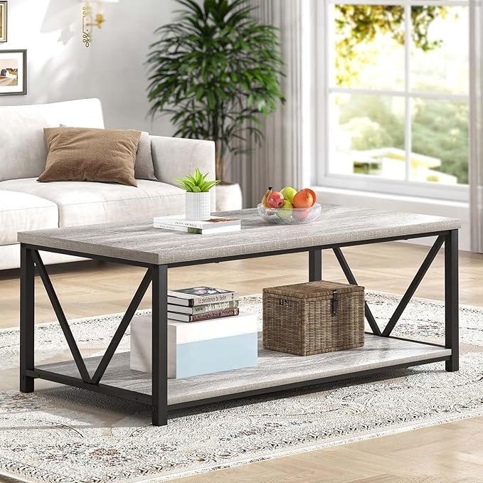 FOLUBAN Modern Coffee Table, Rustic Wood and Metal Center Table with Storage Shelf, Industrial Cocktail Table for Living Room, Light Grey, 39 Inch