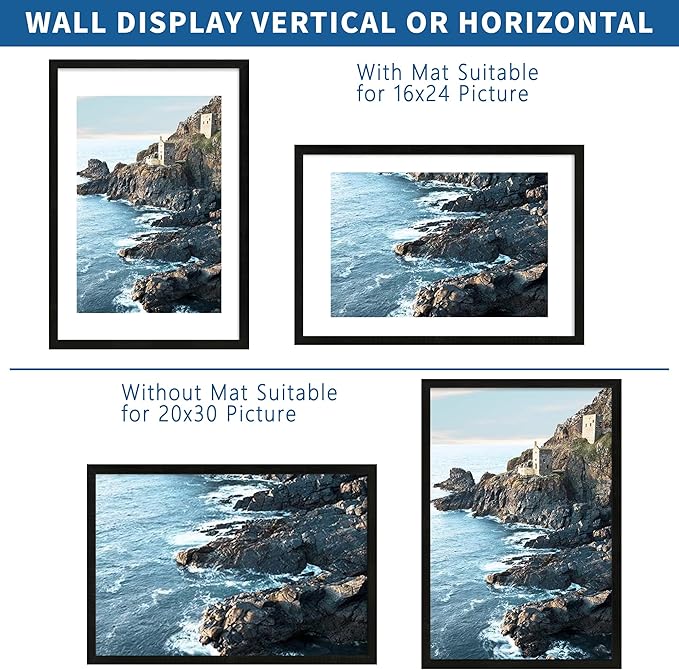 20x30 Frame Set of 2, Rustic Black Wood Style - Display 16x24 Picture with Mat or 20 x 30 Poster without Mat, Wall Mounting Horizontal and Vertical