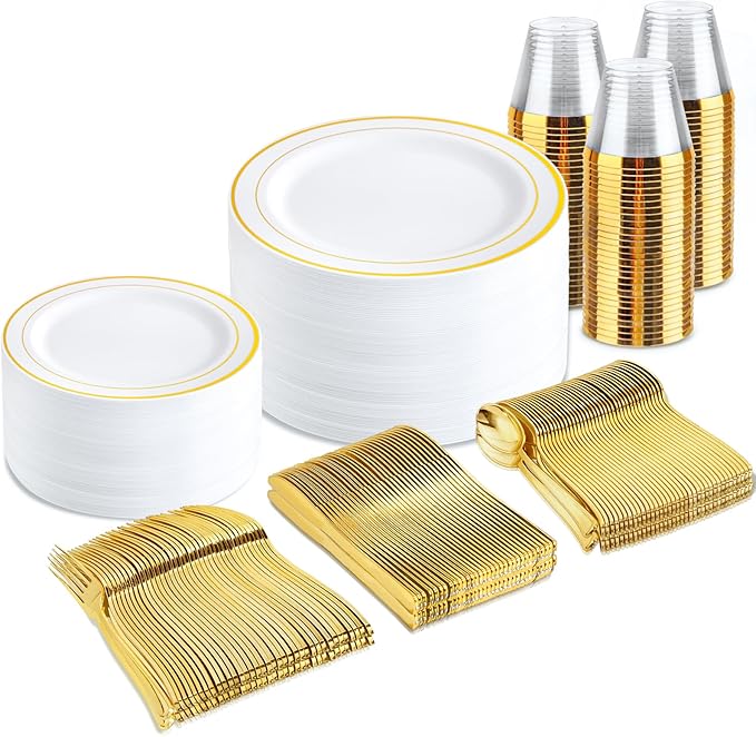 bUCLA 300PCS Gold Disposable Dinnerware Set - White and Gold Plastic Plates 50 Guests - Include 50 Dinner Plates,50 Dessert Plates,50 Knives,50 Forks,50 Spoons,50 Cups for Party, Fall & Thanksgiving