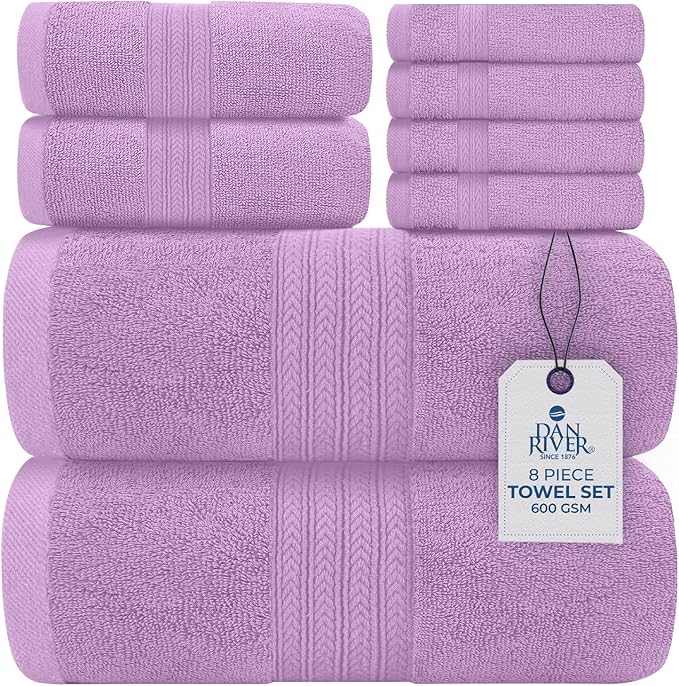 DAN RIVER 8 PC Luxury Bath Towels for Bathroom, 2 Bath, 2 Hand, and 4 Wash Cloths, 600 GSM 100% Ring Spun Cotton Towel Set, Highly Absorbent, Gym, Hotel, and Spa, Lavendar