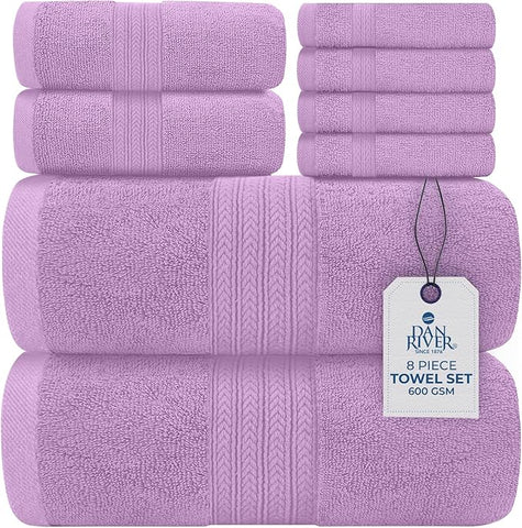 DAN RIVER 8 PC Luxury Bath Towels for Bathroom, 2 Bath, 2 Hand, and 4 Wash Cloths, 600 GSM 100% Ring Spun Cotton Towel Set, Highly Absorbent, Gym, Hotel, and Spa, Lavendar