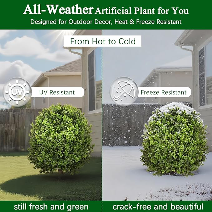 Artificial Boxwood Topiary Trees for Outdoors, 2 Pack Faux Topiary Ball Tree UV Resistant Fake Shrubs Evergreen Bush Plants for Front Porch Garden Yard Balcony Wedding Decor, 2 Led String Light
