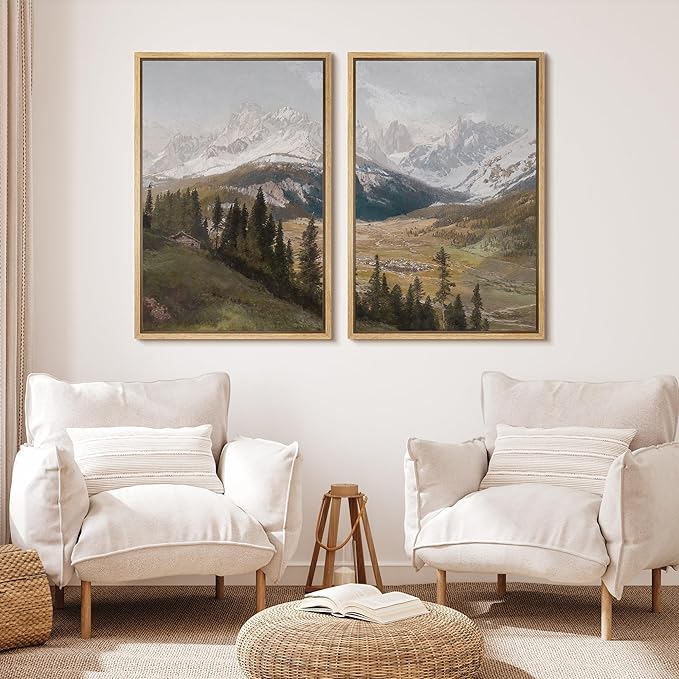 MUDECOR Framed Canvas Print Wall Art Alpine Meadow and Mountain Range Rustic Cabin Nature Nature Wilderness Illustrations Realism Decorative for Living Room, Bedroom, Office - 24"x36"x2 Natural