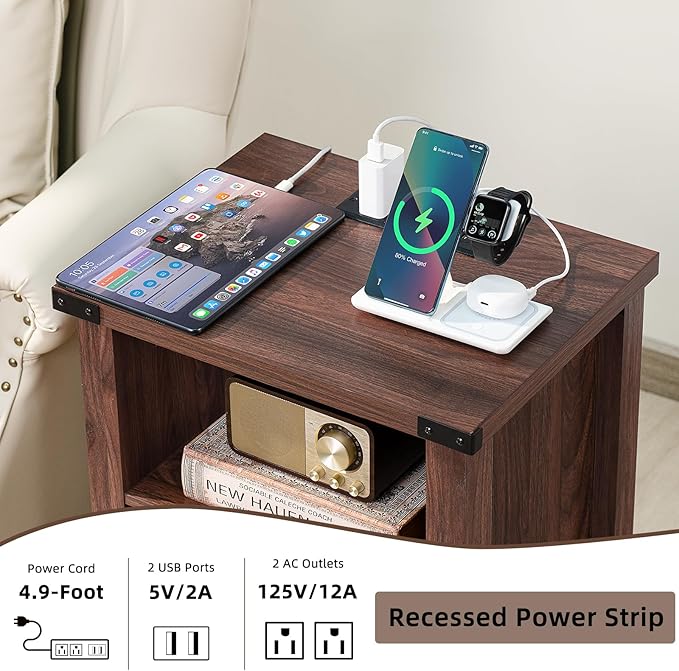 Night Stand, 18 Inch Farmhouse Nightstand with with Charging Station and USB Port, Rustic Couch End Table with Magnetic Door, Wood Bed Side Tables for Bedroom, Home, Brown Walnut