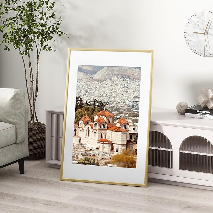 16x20 inch Metal Picture Frame - 16 x 20 Thin Aluminum Photo Frames with 11x14 Removable Mat - High Definition Plexiglass - Vertical and Horizontal Display - Wall Hook Hanging Hardware Included - Gold, Set of 4