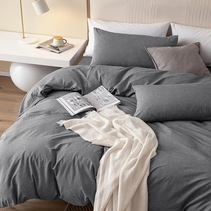 JIYUAN 100% Washed Cotton Duvet Cover Set 3 PCS Oversized King, 1 Duvet Cover 120"x98" (Comforter Not Included) and 2 Pillowcases,Linen Feel Bedding Set Comfy and Breathable, Heathered Dark Grey