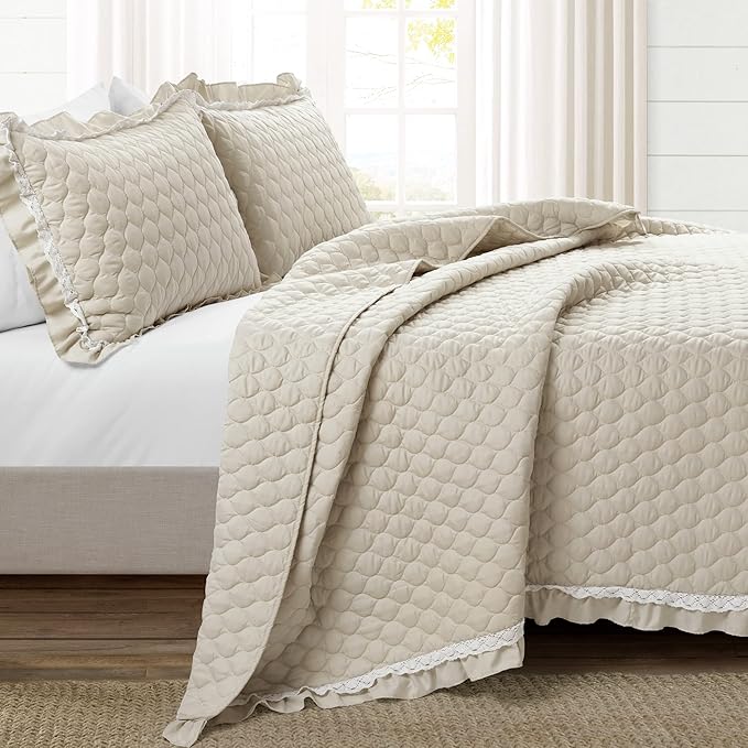 Lush Decor Ella Ruffle Lace Quilt, 3 Piece Set, Full/Queen, Neutral - Cute Quilt - Queen Bedding Set - Beige Bedding Full Size - Coquette Decor - Neutral Ruffle Trim - Beige Lace Trim