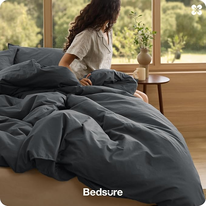 Bedsure Cotton Duvet Cover King - Luxury Slub Weave 100% Cotton Duvet Cover Set with a Linen Like Textured, Easy Change Durable Bedding Set 3 Pieces, Charcoal, 104" x 90"