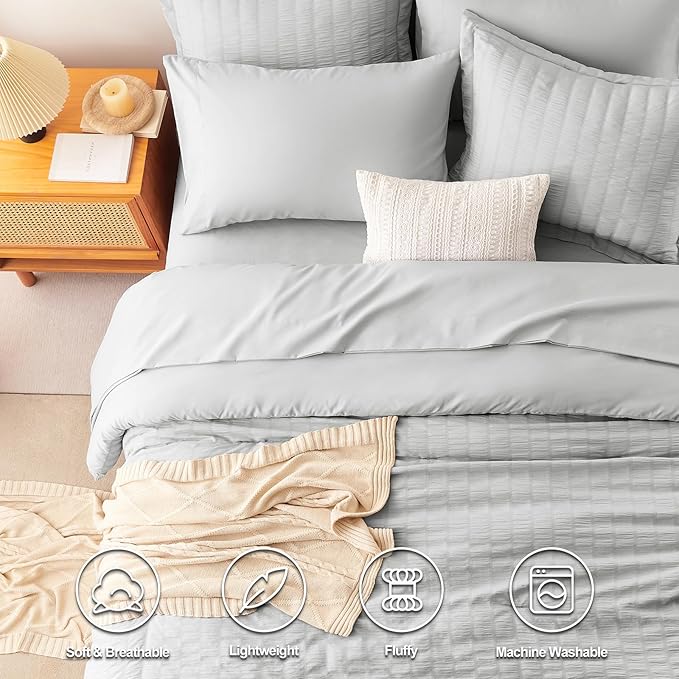 CozyLux Full Bed in a Bag Light Grey Seersucker Textured Comforter Set with Sheets 7-Pieces All Season Bedding Sets with Comforter, Pillow Sham, Flat Sheet, Fitted Sheet and Pillowcase