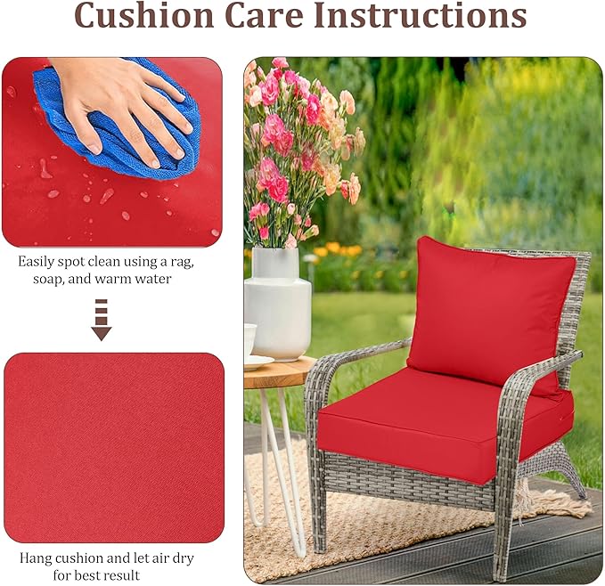 Outdoor Deep Seat Cushions for Patio Furniture Set of 2, Waterproof Outdoor Chair Cushions 24x24x4'' Patio Furniture Cushion with Fade Resistant Removable Cover, Handle&Straps for Sofa Chair, Red