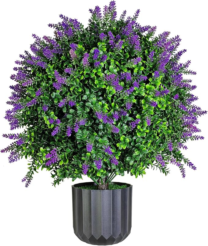 Set of 2 Pack Large Artificial Plants Lavender Topiary Ball Tree, 21" Tall Outdoor Simulated Potted Bushes UV Resistant, Faux Lavender Shrubs Suitable for Indoor, Front Porch, Home Garden Decor