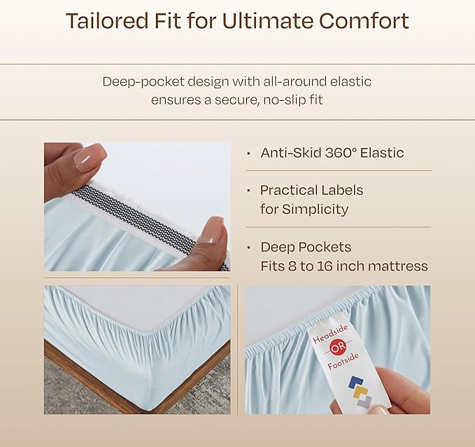 California Design Den King Sheet Set - Luxury Hotel 800 Thread Count Sateen, Natural 100% Cotton King Size Sheets Deep Pocket Set, Anti-Skid Elastic for a Snug Fit, Cool and Durable - Light Blue