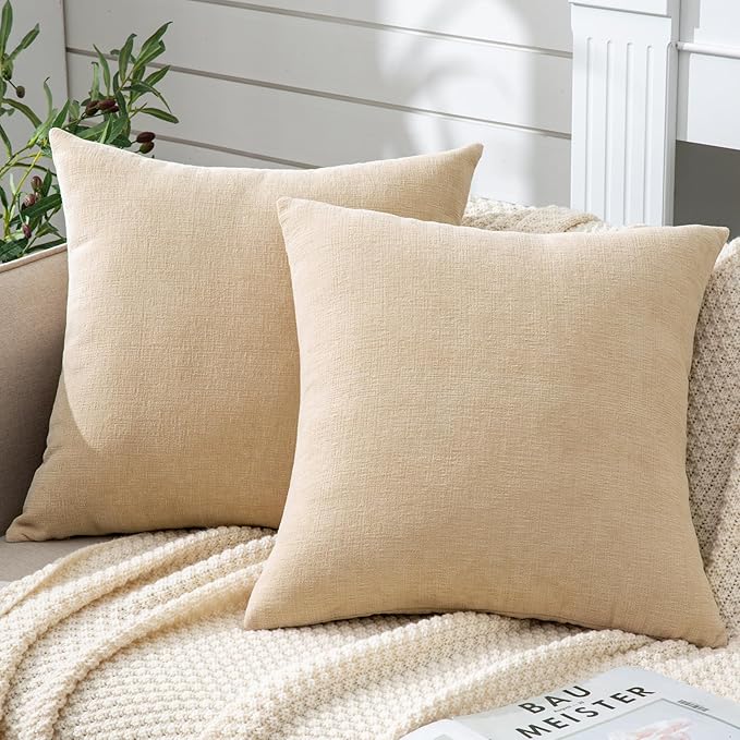 GAWAMAY Decorative Square Throw Pillow Covers 22"x22" Inch Set of 2, Super Soft Chenille Pillows Farmhouse Fall Pillowcase for Living Room Bedroom Sofa Couch Cushion Cover Beige 55x55cm (No Insert)