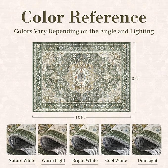 PADOOR-Vintage Area Rug 8X10 Rugs for Living Room-Soft Olive Green Rugs for Bedroom-Machine Washable Rug Non Slip Carpet-Rug for Dining Room Living Room Bedside Office