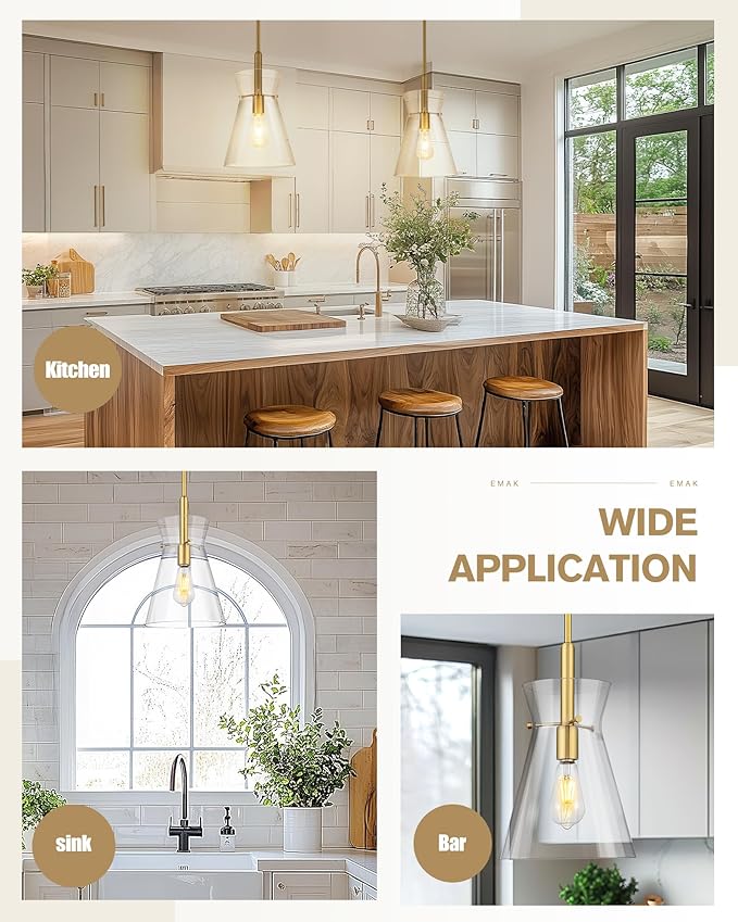 Emak 9 Inch Modern Pendant Lights Kitchen Island, Brushed Gold Pendant Light with Clear Glass Shade, Large Hanging Light Fixture for Kitchen, Dining Room, Bathroom, PL130-BGD-CG