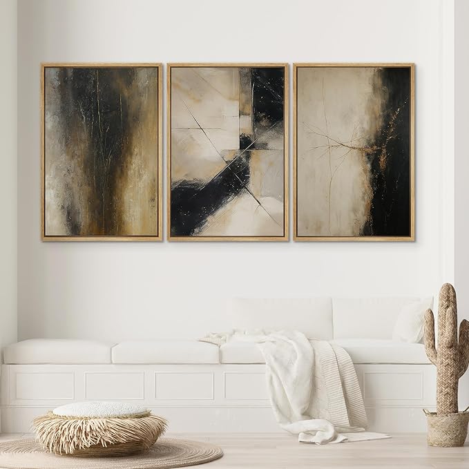 SIGNWIN Framed Canvas Print Wall Art Set Black and Gold Abstract Modern Geometric Illustrations Modern Art Decorative Rustic Calm/Zen for Living Room, Bedroom, Office - 24"x36"x3 NATURAL