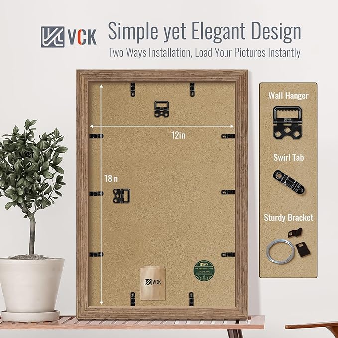 VCK 12x18 Picture Frame 5 Pack - Walnut, High-End Wood Poster Frames with Tempered Glass, Display 11x17 Photo with Mat or 12x18 without Mat, Art Gallery-Quality, Wall Hanging, Walnut