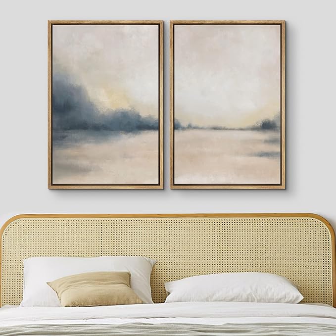 MUDECOR Framed Canvas Print Wall Art Set Gray & Tan Grunge Pastel Watercolor Landscape Abstract Shapes Illustrations Modern Art Decorative Boho for Living Room, Bedroom, Office - 24"x36"x2 Natural