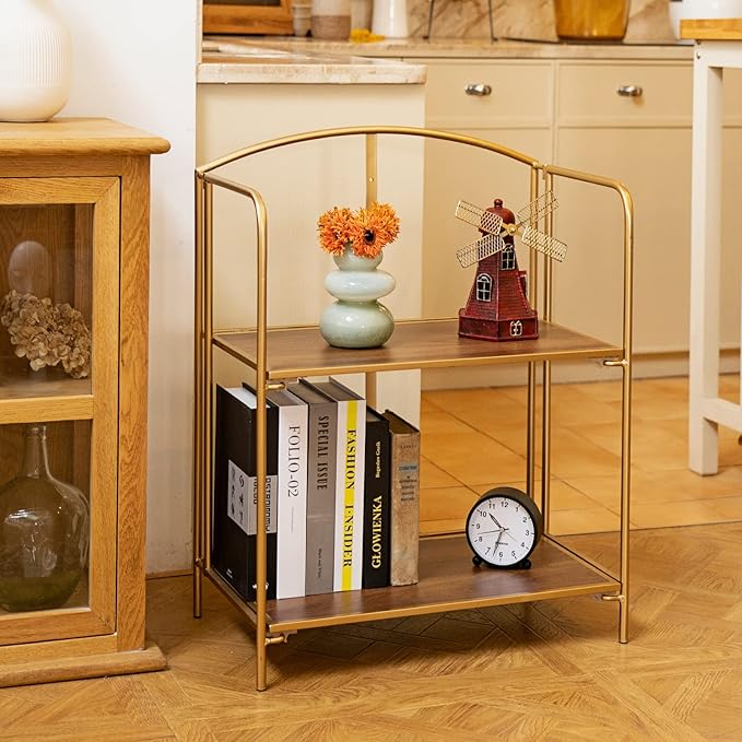 Crofy No Assembly Folding Bookshelf for Living Room, 2 Tier Gold Collapsible Book Shelf for Home Office, Portable Bookcase Storage Organizer