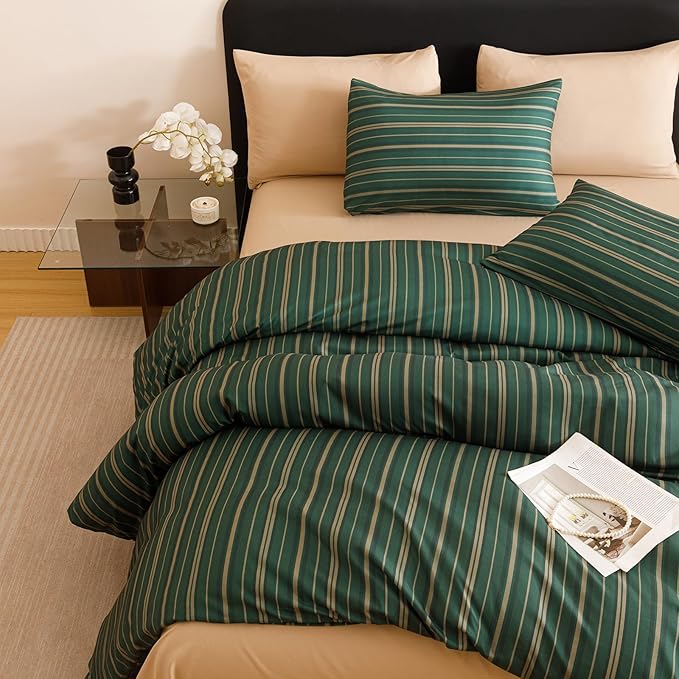 CLOTHKNOW Green Stripes Comforter Set Queen Farmhouse Bedding Comforter Sets Ticking Comforter Queen Hunter Green Comforter Soft Boho