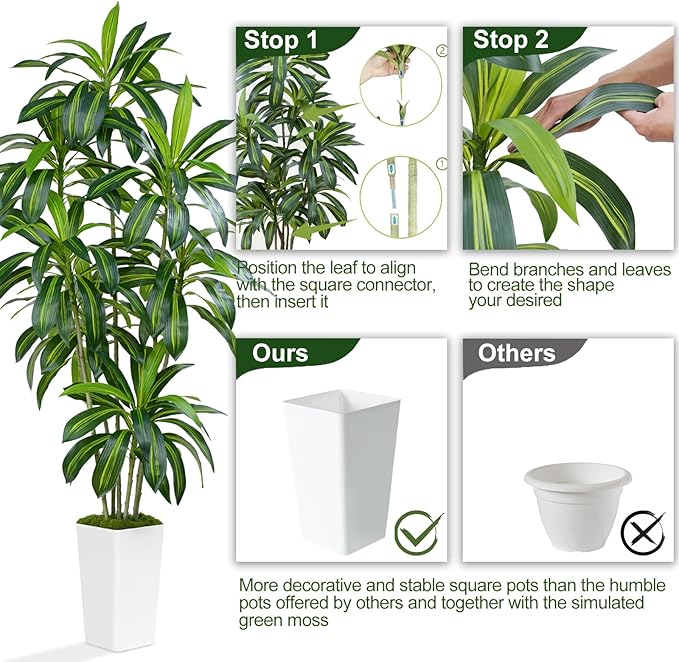 Dracaena Plant Artificial Tree 7Ft Tall Fake Tropical Floor Plants Potted (Real Touch) Artificial Silk Tree Leaf Faux Trees White Tall Planter for Home Office Living Room Indoor Outdoor Decor