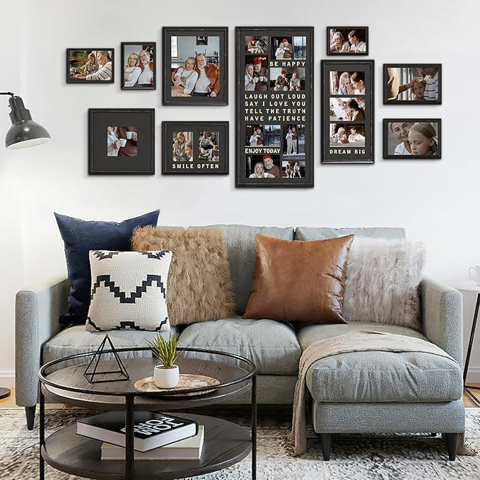J.M.Deco 10 Pack Collage Picture Frames Set for Wall Decor 20 Slots, Multi Picture Frames Decor with with Glass Cover & Slogan for Living Room, Bedroom, DIY Wall Display, Black