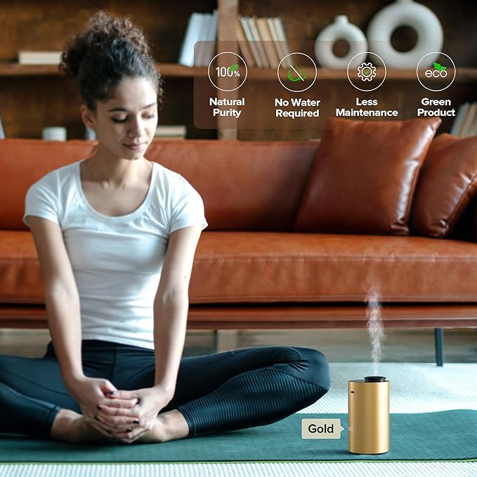 Waterless Essential Oil Diffuser for Home Aromatherapy Scent Diffusers with 3 Countdown Timer Settings or Timer-Off, 3 Mist Levels for Car Room Studio Office, ANX Premium Metal Gold