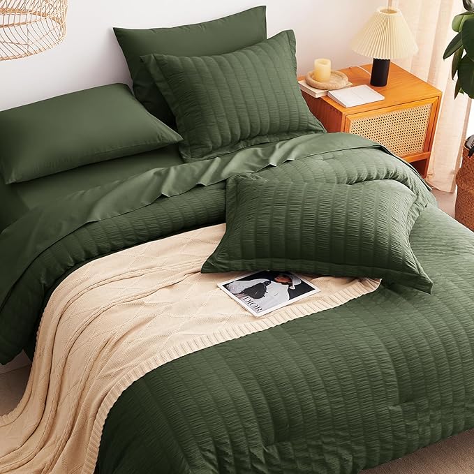 CozyLux Full Size Comforter Sets with Sheets Seersucker 7 Pieces Olive Green Bed in a Bag Textured Luxury Soft Bedding Set with Down Alternative Comforter, Sheets, Pillowcases & Shams for All Seasons