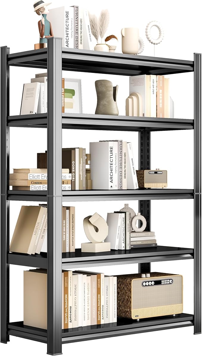 Tall Bookshelf with Open Shelves, Metal Office Book Shelf, Adjustable Organizer Bookcase, Standing Storage Organizer Shelf for Living Room (5tier 39.4" W x 17.7" D x 63" H)