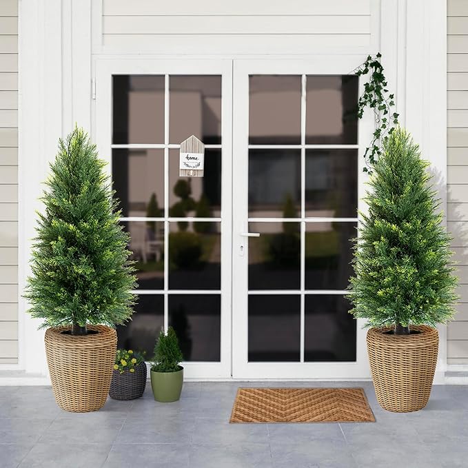 Set of 2 Artificial Cedar Topiary Trees, 3 FT Tall | UV-Resistant for Outdoor & Indoor Use | Lifelike Fake Plants for Front Porch, Patio & Office Decor