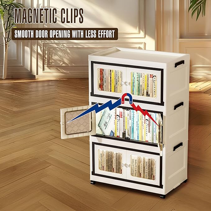 Stackable Storage Bins with Lids, Folding Storage box with Doors and Wheels, Collapsible Plastic Storage Bins for Closets, Stackable Storage Organizer, Storage Containers (Transparent, 3-Tier)