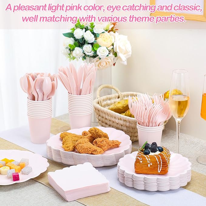 Newtay Light Pink Scalloped Paper Plates Shell Edge Disposable Tableware Cocktail Napkins Cups Plastic Spoons Forks Knives for Wedding Baby Shower Picnic Birthday Party Supply for 50 Guests