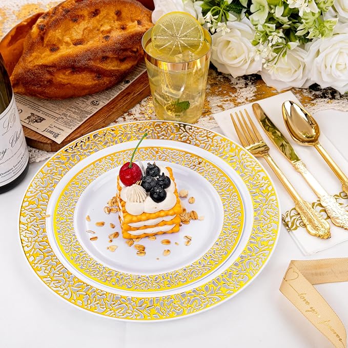 bUCLA 350PCS Gold Plastic Dinnerware Set for 50 Guests - Gold Plastic Plates Disposable for Party Include 50 Dinner / 50 Dessert Plates,50 Forks, 50 Knives, 50 Spoons,50 Cups,50 Napkins