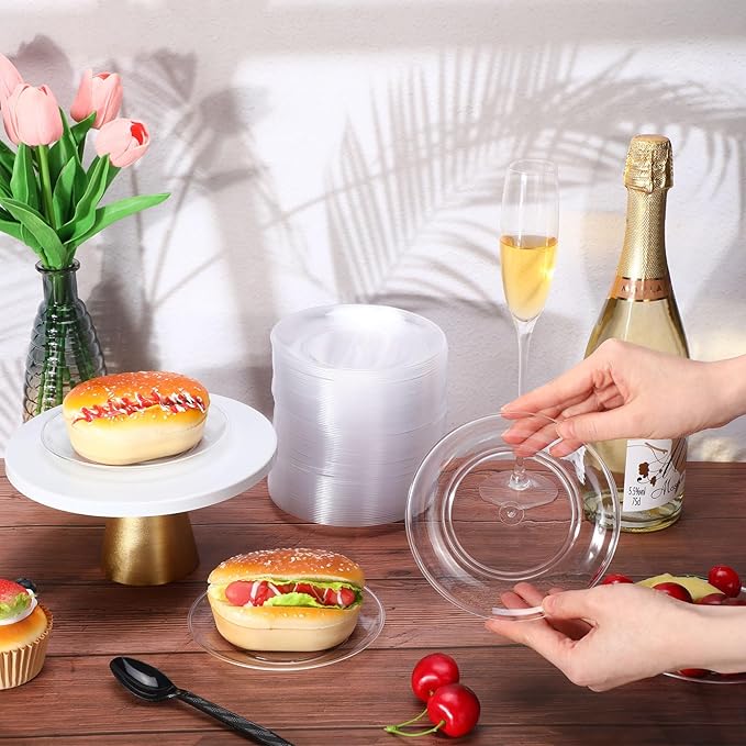 Clear Plastic Dessert Plates 5.5 Inch Disposable Cake Plates Small Party Dishes Bulk Clear Round Dishes for Wedding Dinner Appetizers BBQ Travel Catering Events(100 Pcs)